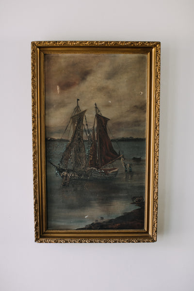 Antique Sailboat Oil Painting