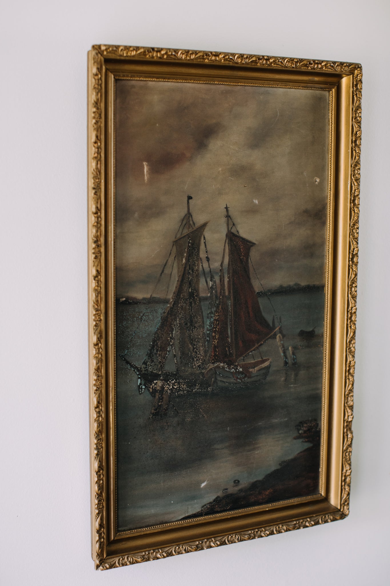 Antique Sailboat Oil Painting